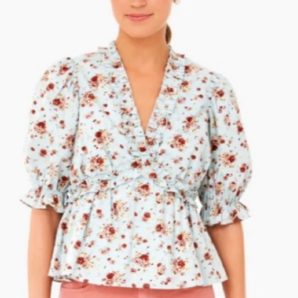 Tuckernuck Hyacinth House Floral Blouse Peplum Pastel Blue  Size L